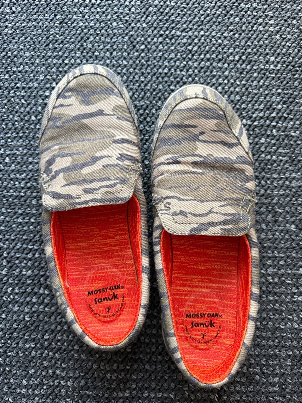 Sanuk Women's Camo Slip-On Flats in Gray and Orange